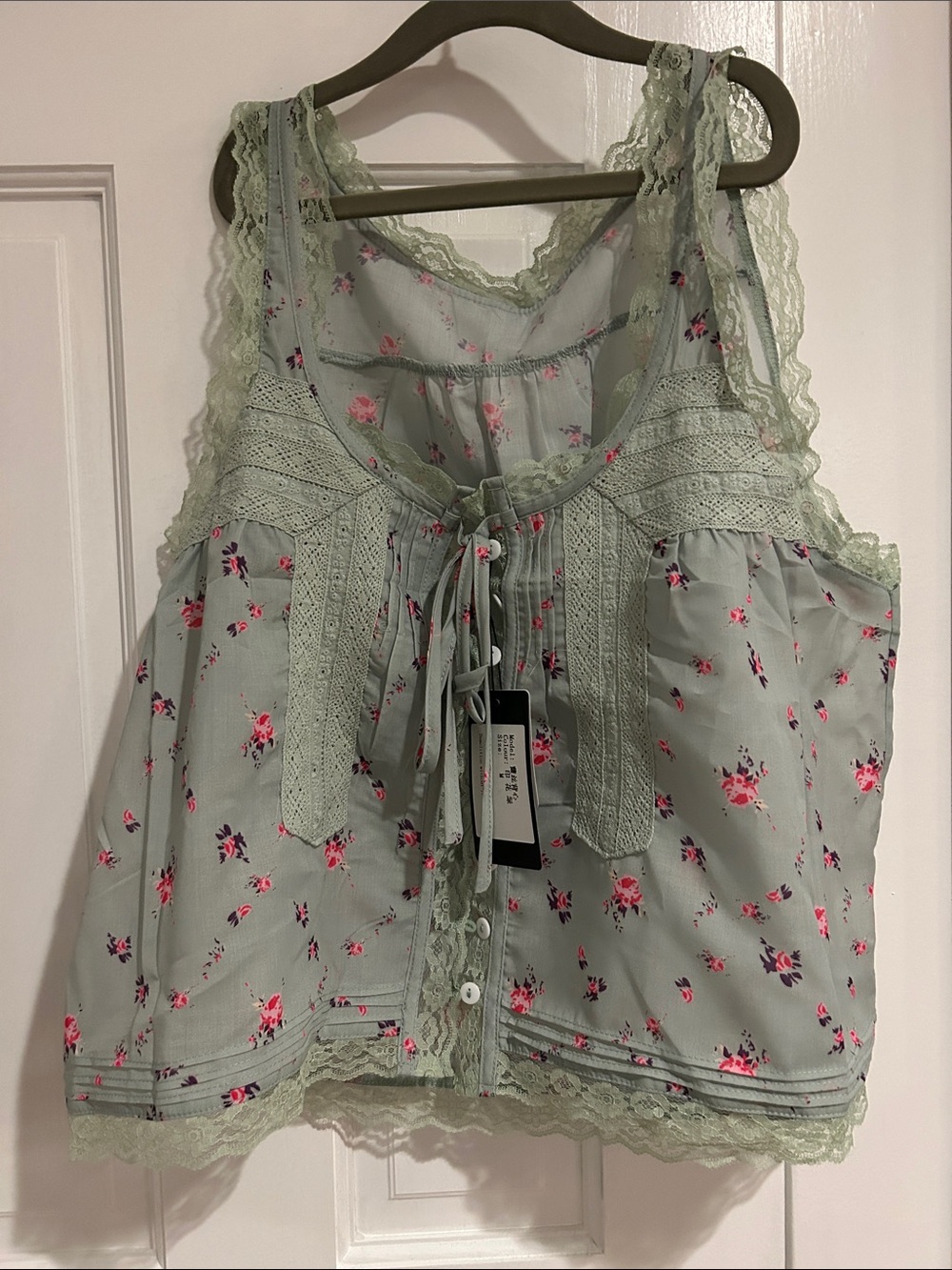 Floral Lace-Trim Sleep Tank Top - Mint with Pink Roses